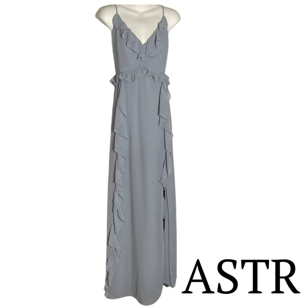 BNWOT ASTR Gown Prom Dusty Blue Spaghetti Strap V Neck Ruffles Formal Zipper M - Picture 2 of 6